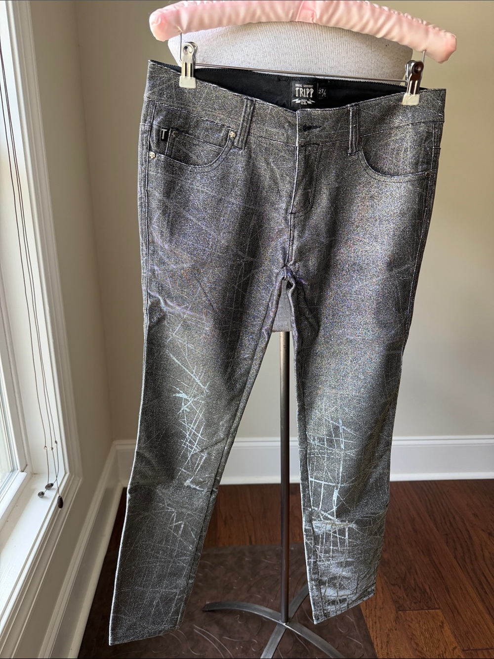 Tripp NYC Silver-Gray Skinny Jeans with Metallic Scratch Detail